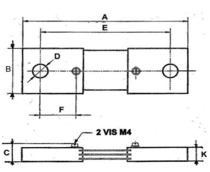 Plan technique d'un shunt de mesure de 50 mV, classe 0,5 et 1, calibre de 250 ampères à 750 ampères