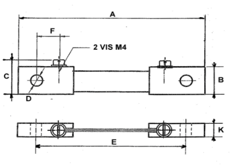 Plan technique d'un shunt de mesure de 50 mV, classe 0,5 et 1, calibre de 30 ampères à 200 ampères