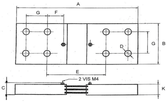 Plan technique d'un shunt de mesure de 50 mV, classe 0,5 et 1, calibre de 800 ampères à 6000 ampères